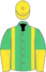 Emerald green, yellow braces, halved sleeves, yellow cap