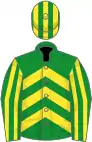 Green, yellow chevrons, striped sleeves and cap
