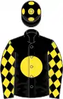 Black, Yellow disc, diamonds on sleeves, Black cap, Yellow spots