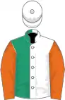 WHITE and EMERALD GREEN (halved), orange sleeves, white cap