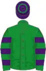 Green, purple hooped sleeves, purple cap, green hoop
