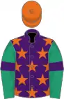 Purple, orange stars, emerald green sleeves, purple armlets, orange cap