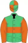 Emerald green, orange hoop, orange sleeves, quartered cap