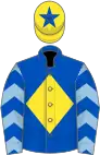 Royal blue, yellow diamond, light blue sleeves, royal blue chevrons, yellow cap, royal blue star