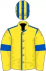 Yellow, royal blue seams and armlets, striped cap