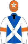 Royal blue, white cross belts, white sleeves, orange armlets, orange cap, white star