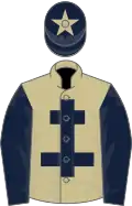 Beige, dark blue cross of lorraine and sleeves, dark blue cap, beige star