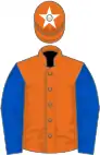 Orange, royal blue sleeves, orange cap, white star