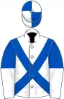 White, royal blue cross-belts, royal blue and white halved sleeves, quartered cap