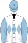 White, light blue triple diamond, light blue sleeves and cap