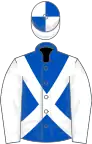 Royal blue, white cross sashes and sleeves, white and royal blue quartered cap