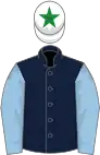 Dark blue; light blue sleeves, white cap, green star