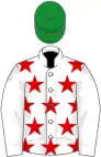 White, red stars, white sleeves, green cap