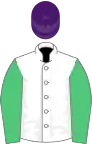 White, emerald green sleeves, purple cap