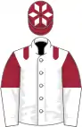 White, maroon epaulettes, maroon and white halved sleeves, maroon cap, white diamonds