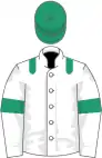 White, emerald green epaulets, armlets and cap