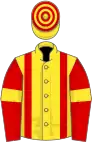Yellow, red braces, red sleeves, yellow armlets, yellow and red hooped cap