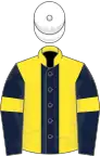 Yellow, dark blue stripe, dark blue sleeves, yellow armlets, white cap