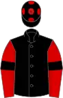 Black, red sleeves, black armlets, black cap, red spots