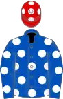 Royal blue, white spots, red cap, white spots