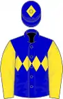 Blue, yellow triple diamond, yellow sleeves, blue cap, yellow diamond
