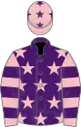 Purple, pink stars, pink and purple hooped sleeves, pink cap, purple stars