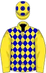 Yellow, blue diamonds on body, yellow cap, blue spots
