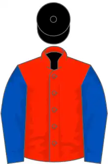 Scarlet, royal blue sleeves, black cap