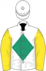 White, green diamond, yellow sleeves, white cap
