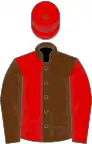 Brown and red (halved), sleeves reversed, red cap