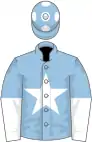 Light blue, white star, white and light blue halved sleeves, light blue cap, white spots