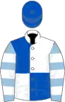 White and royal blue (quartered), light blue and white hooped sleeves, royal blue cap