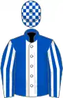 Royal blue, white stripe, striped sleeves, check cap