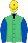 Emerald green, royal blue sleeves, yellow cap