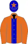 Orange, blue stripe, blue cap, orange star
