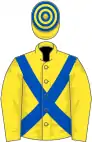 Yellow, royal blue cross sashes, hooped cap