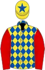 Yellow and royal blue diamonds, red sleeves, yellow cap, royal blue star
