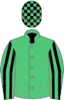 Emerald green, black striped sleeves, checked cap