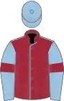 Maroon, light blue seams, light blue sleeves, maroon armlets, light blue cap