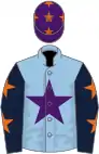 Light blue, purple star, dark blue sleeves, orange stars, purple cap, orange stars