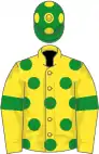 Yellow, green spots and armlets, green cap, yellow spots