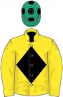 Yellow, black diamond, emerald green cap, black spots