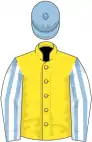 Yellow, light blue and white striped sleeves, Light Blue cap