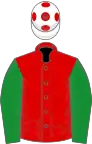Red, green sleeves, white cap, red spots