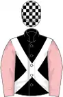 Black, white cross sashes, pink sleeves, white and black check cap