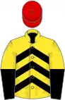 Yellow, black chevrons, halved sleeves, red cap