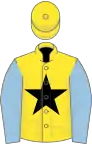 Yellow, Black star, Light Blue sleeves, yellow cap