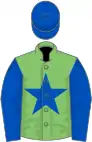 Light green, royal blue star, sleeves and cap