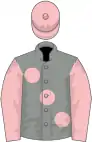 Grey, large pink spots and sleeves, pink cap