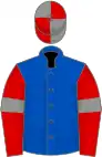 Royal blue, red sleeves, grey armlets, grey and red quartered cap